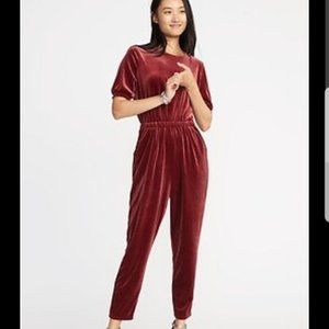 NWT Waist-Defined Smocked-Sleeve Velvet Jumpsuit for Women, Medium, Old Navy